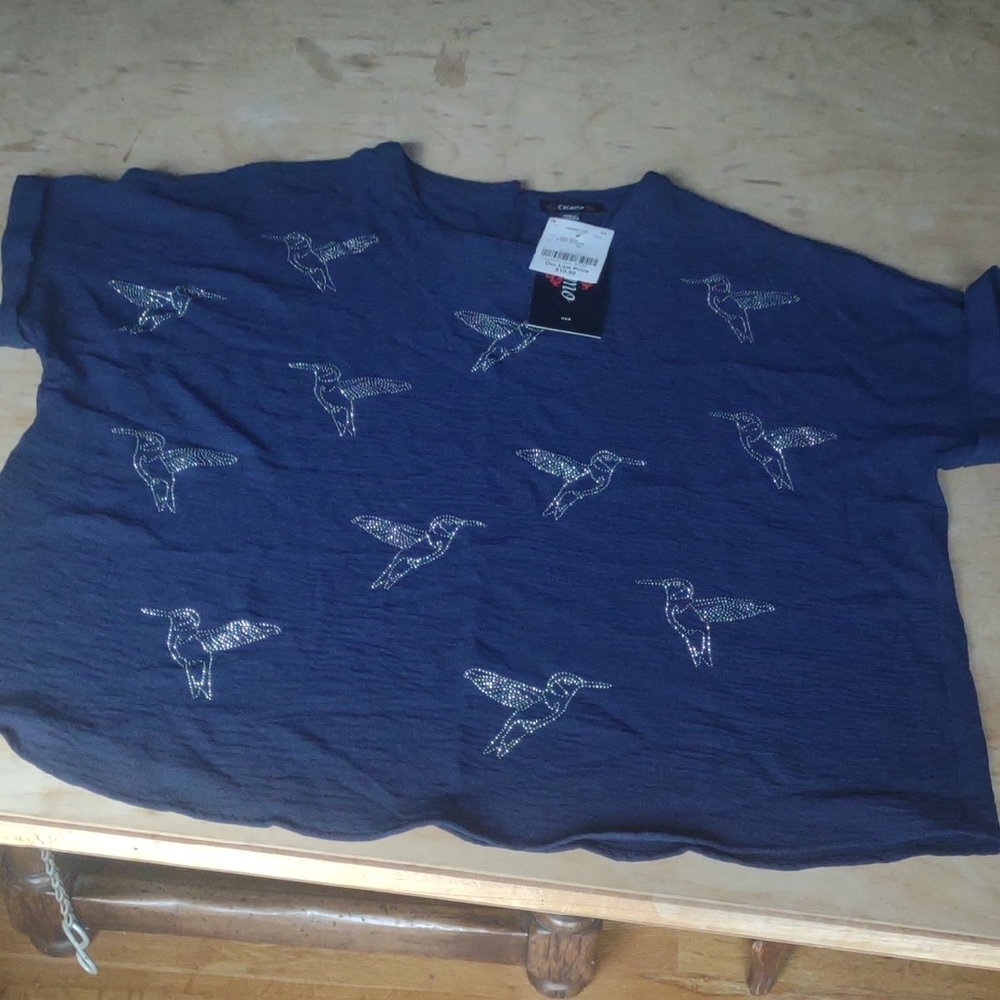 Cocomo Navy Blue Blouse with Bird Embroidery